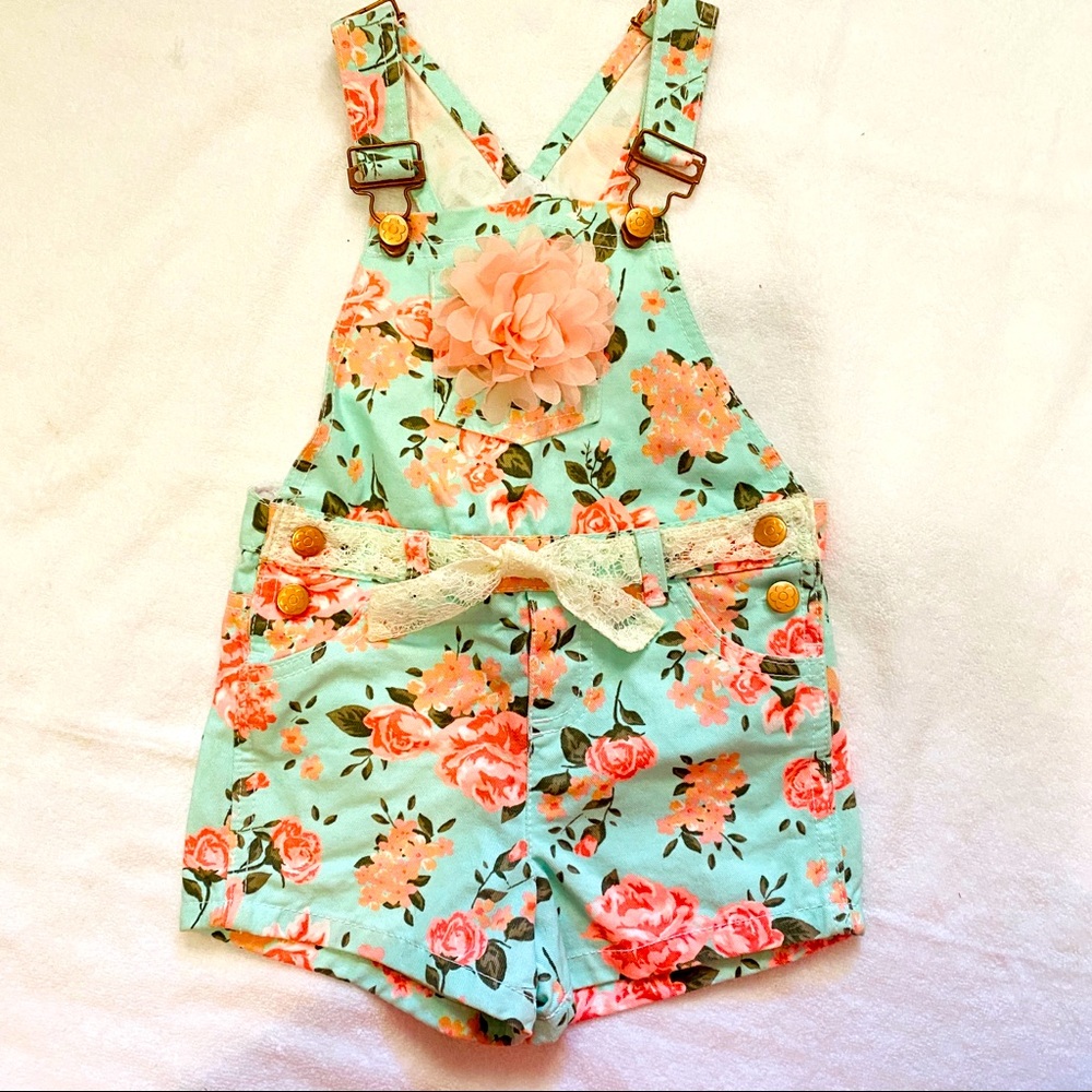 Little Lass Blue Floral Lace Overalls Shorts 4T